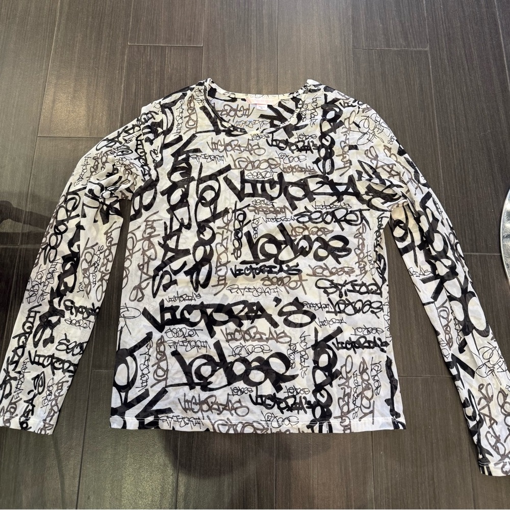 Y2K Vintage Victoria's Secret Black and White  Graffiti Graphic Sheer Top